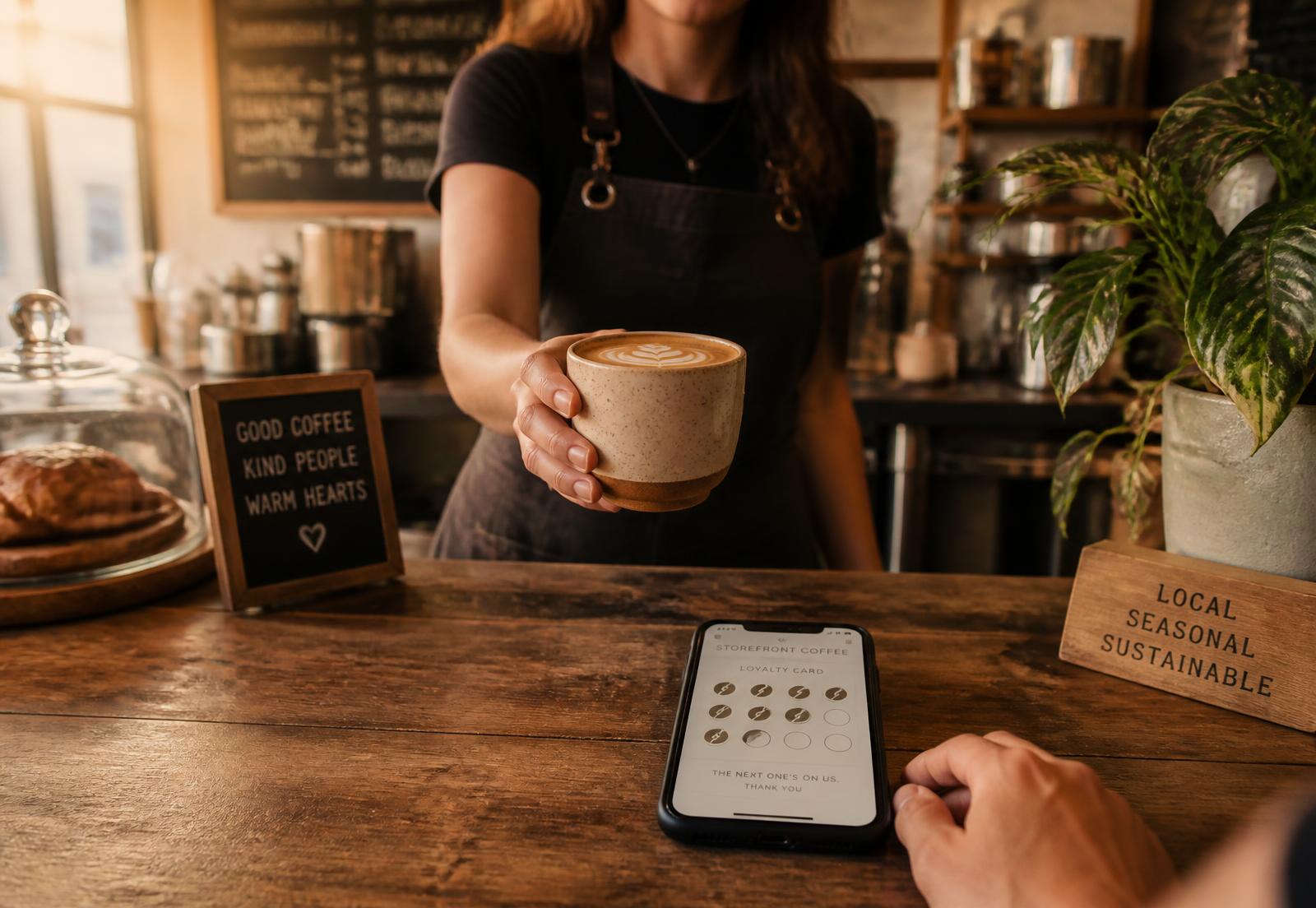 Barista handing over a latte beside a phone showing a digital coffee loyalty card